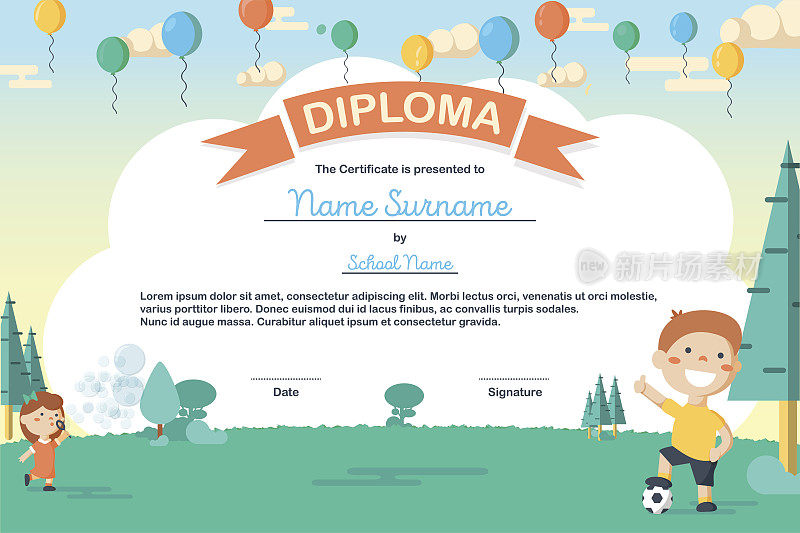 Colorful kids summer camp diploma certificate template in cartoon style